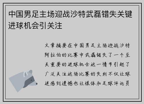 中国男足主场迎战沙特武磊错失关键进球机会引关注